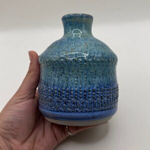 Vintage Blue Textured Vase Collectible Decor Art Signed DM MCM